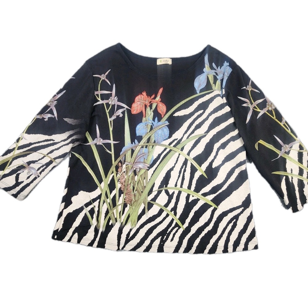 Cactus XL Zebra Floral Rhinestone Bling Top 3/4‎ Sleeve AOP Mobwife Animal Print